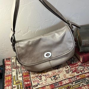 Coach leather Silver handbag. Stunning.  12” w, 9” tall, 4” deep.